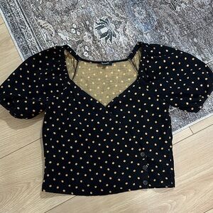 Madewell Black Wrap Top with Tan Polka Dots